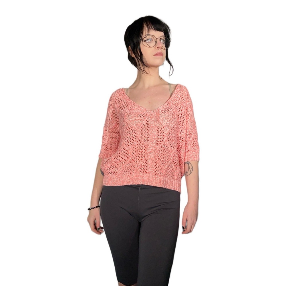 Pink Open Knit Cropped Sweater Top One Size‎ Oversized Short Sleeve Cottagecore